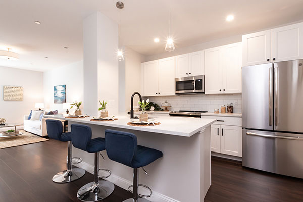 Kitchen, dining and living room at 120 Washington (Peabody Building)